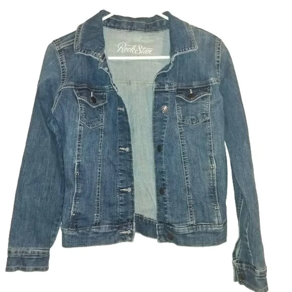 Old Navy Women's Size XS Rock Star Denim Jacket Medium Wash Blue Jean Button Up - Picture 3 of 8
